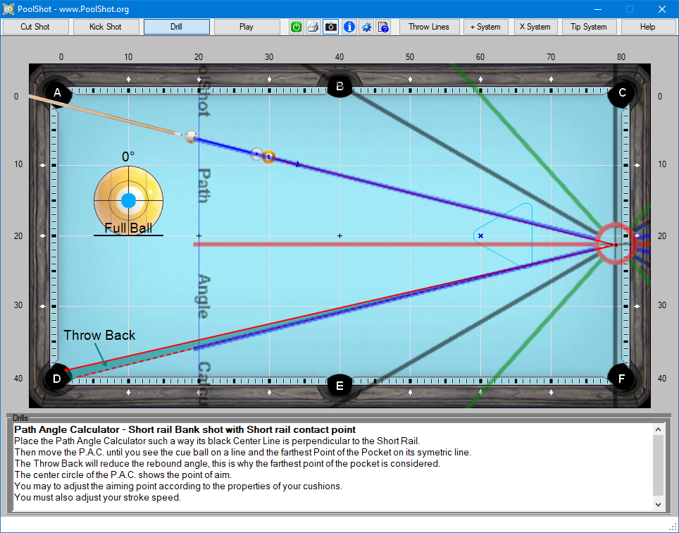 Path Angle Calculator - Short rail Bank shot with Short rail contact point